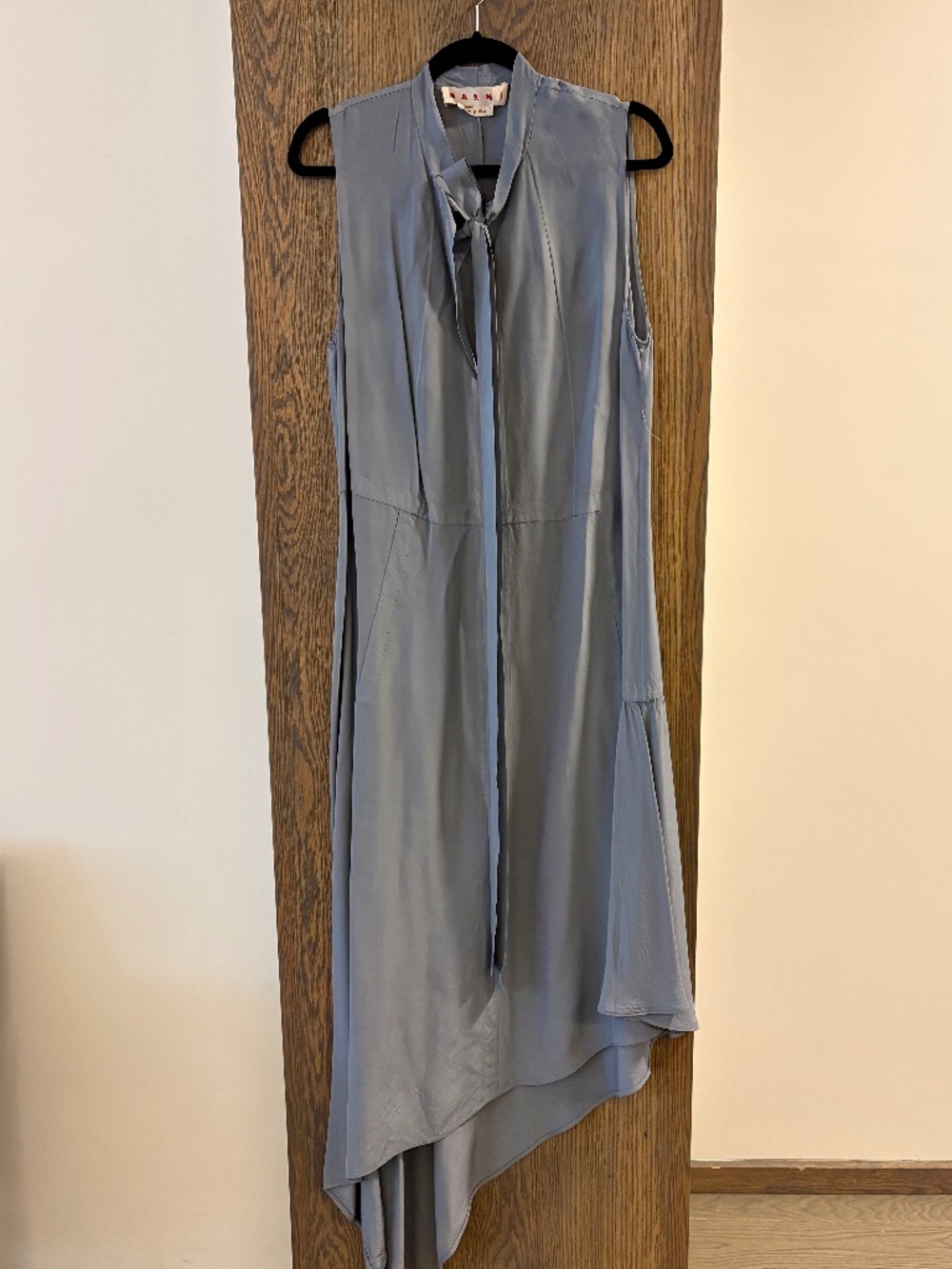 Marni Silk Sleeveless Tie-Neck Asymmetric Midi Dress, Dusty Blue, Made in Italy